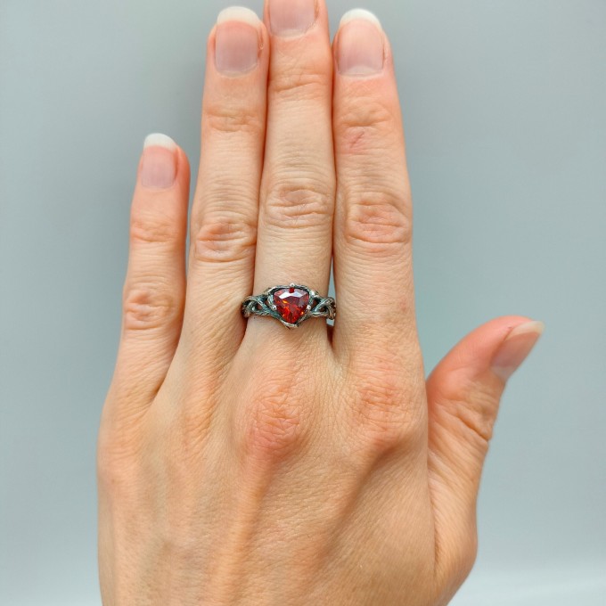 Gothic Garnet Ring with Intricate Flame Motif