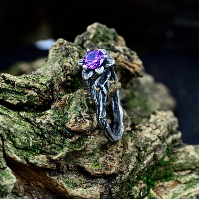 Gothic Amethyst Ring with Intricate Floral Design