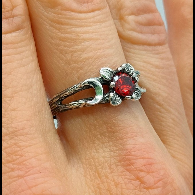 Gothic Floral Ring with Garnet Centerpiece