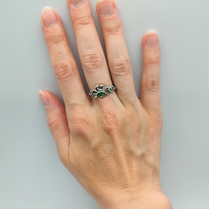 Gothic Silver Ring with Mushrooms and Emerald Design
