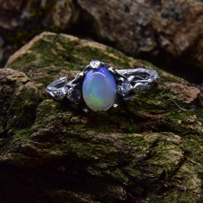 Gothic Silver Ring with a Mystical Opal