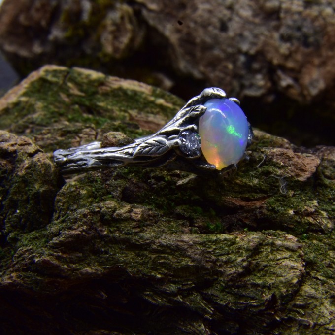 Gothic Opal Ring with Mystical Nature Motifs