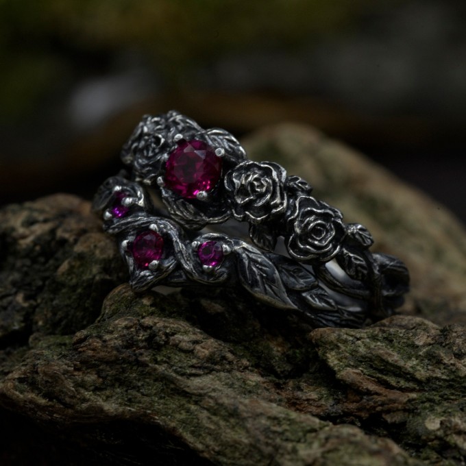 Gothic Silver Ring with Clustered Ruby Accents