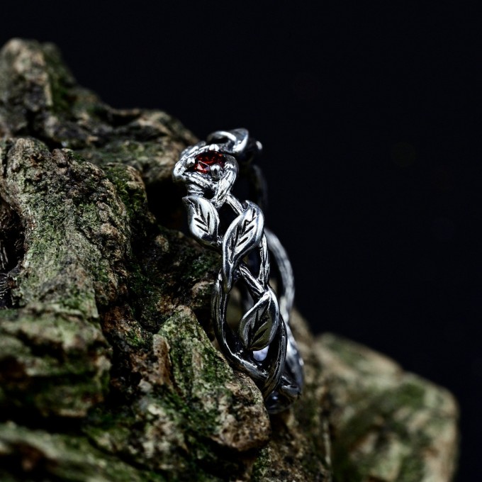 Twisting Vine Gothic Ring with Radiant Garnet