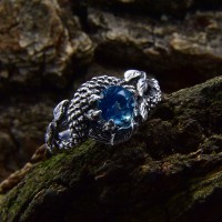 Aquamarine Celtic Dragon Wedding Ring on Braided Fantasy Branch with Leaf in Silver, Vintage Style Viking Forest Engagement Ring