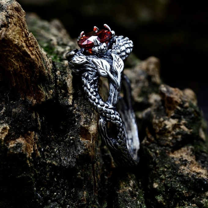 Gothic Dragon Ring with Garnet Gemstone