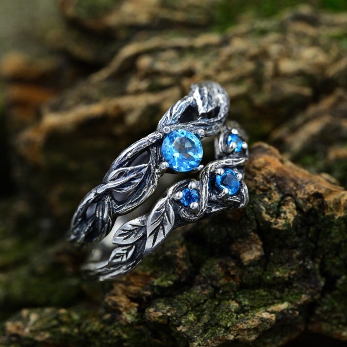 Gothic Silver Ring with Blue Topaz and Nature Design
