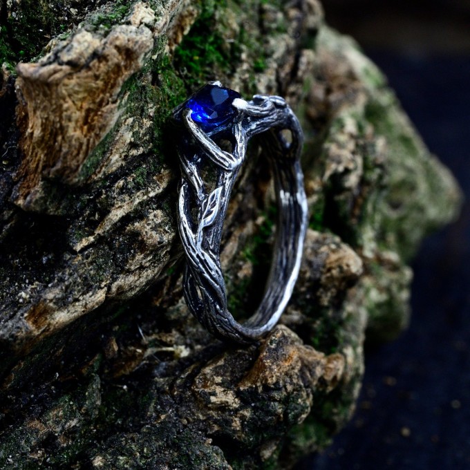 Gothic Silver Ring with Sapphire and Twisting Vines