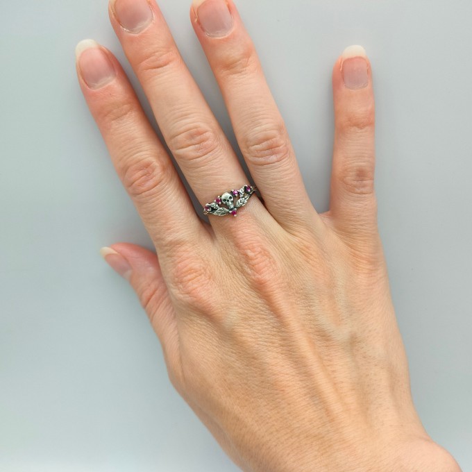 Gothic Ruby Ring with Skull Motif and Bold Design 