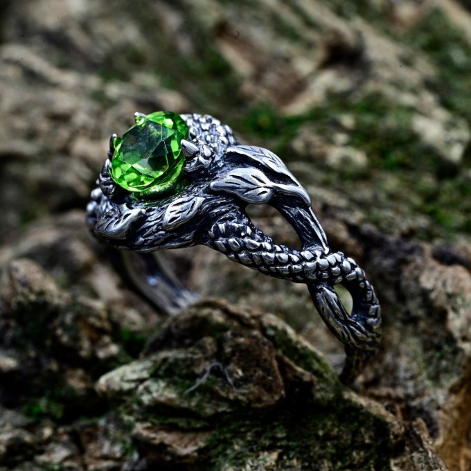 Gothic Dragon Ring with Enchanted Peridot Gemstone.