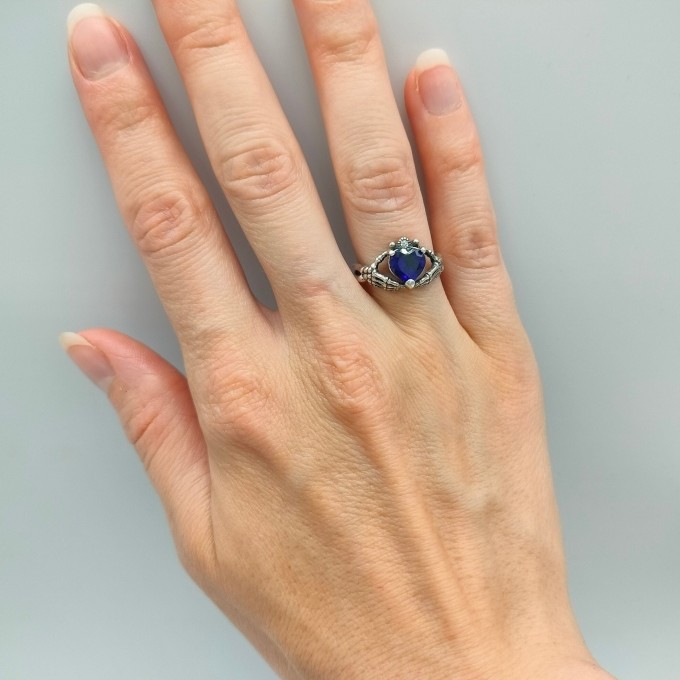 Gothic Silver Ring with Deep Blue Sapphire – Dark Elegance
