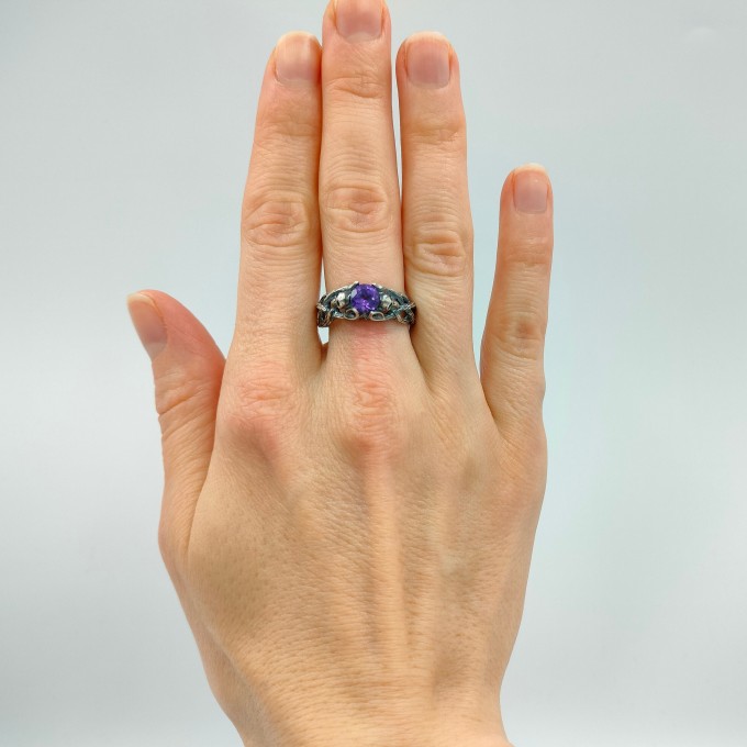 Handcrafted Silver Ring with Twisted Branch Motif and Amethyst | Fantasy Forest Witchy Wedding Band, Estate Jewelry for Women