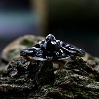 Black Branch and Leaves Silver Nature Wedding Band, Wood Branch and Flower Ring, Floral Engagement Ring for Women, Whimsical Witch Jewelry