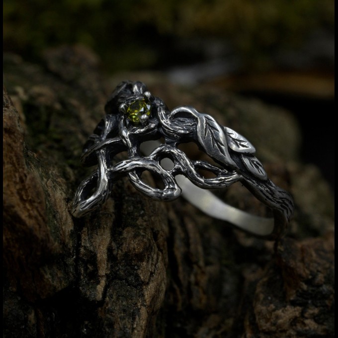 Forest Chevron Twig and Leaf Ring with Peridot for Engagement