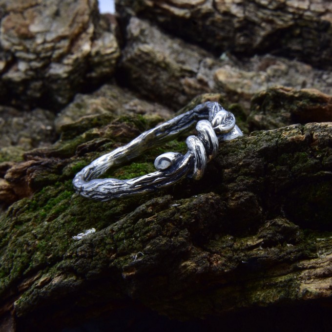 Intricate Twisted Silver Ring with Nature-Inspired Vine Design