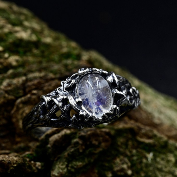 Gothic Moonstone Ring with Intricate Forest Design