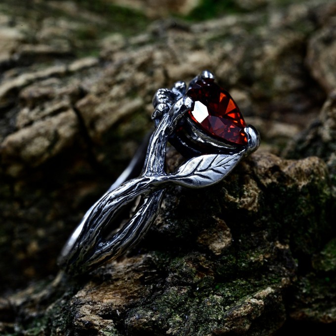 Bold Gothic Ring with Fiery Garnet Gemstone