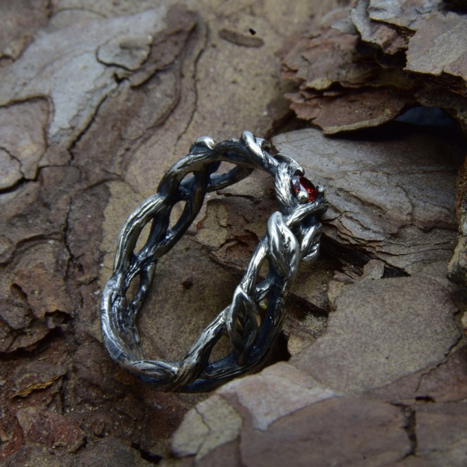 Gothic Garnet Ring with Twisting Nature Motif