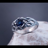 Braided branch silver ring with sapphire, Leaves on the twig ring, Unique silver ring with sapphire, Women's ring