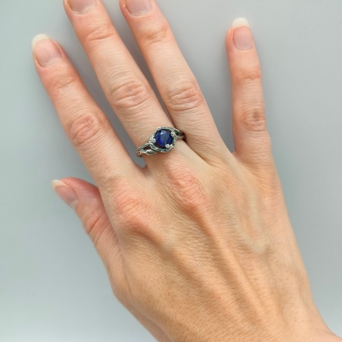 Celestial Grace: Gothic Sterling Silver Ring with Deep Blue Sapphire
