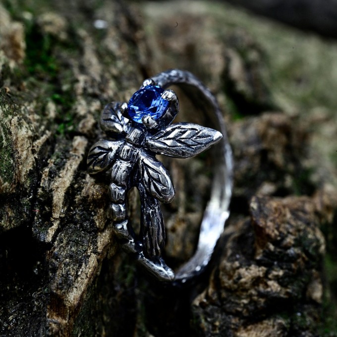 Gothic Silver Ring with Dragonfly and Blue Topaz