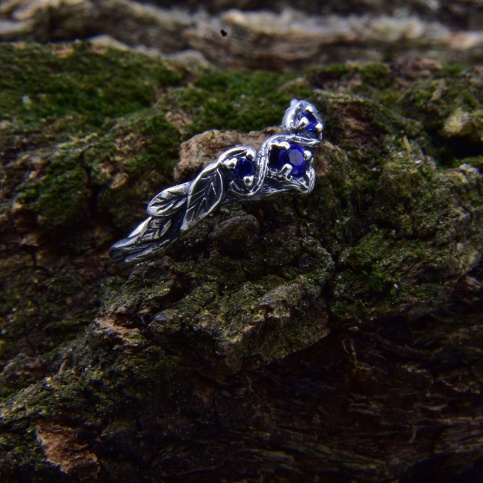 Waves of Midnight: Gothic Sterling Silver Ring with Sapphires
