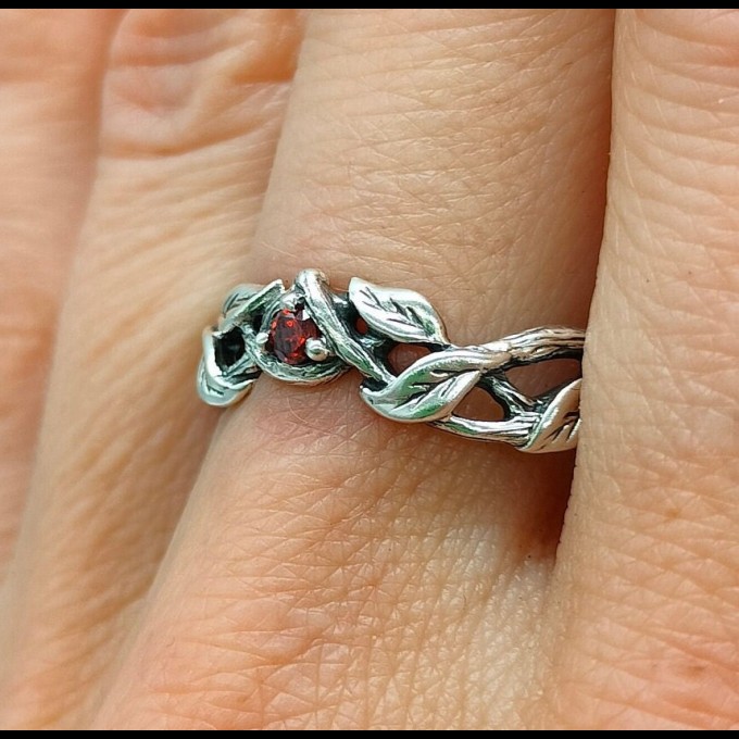 Gothic Garnet Ring with Enchanted Vine Design