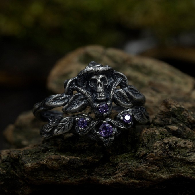 Gothic Amethyst Ring with Enchanted Mushroom Motif