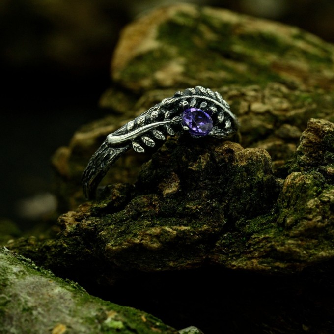 Gothic Amethyst Ring with Lunar Crescent Motif