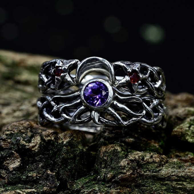Celestial Amethyst Silver Ring with Garnet Accents