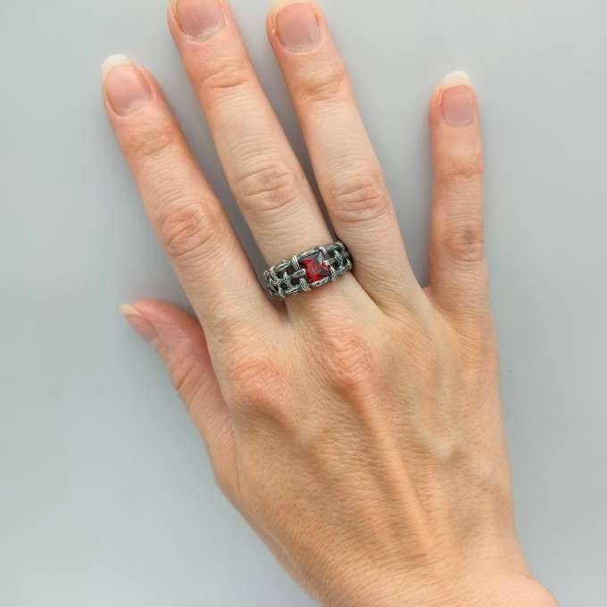 Bold Gothic Ring with Interwoven Chains and Garnet