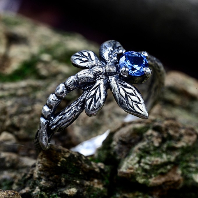 Gothic Silver Ring with Dragonfly and Blue Topaz