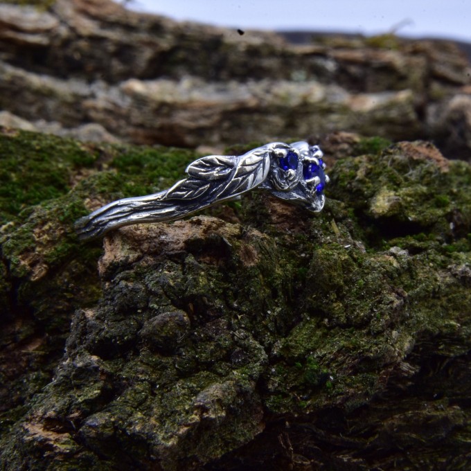 Waves of Midnight: Gothic Sterling Silver Ring with Sapphires