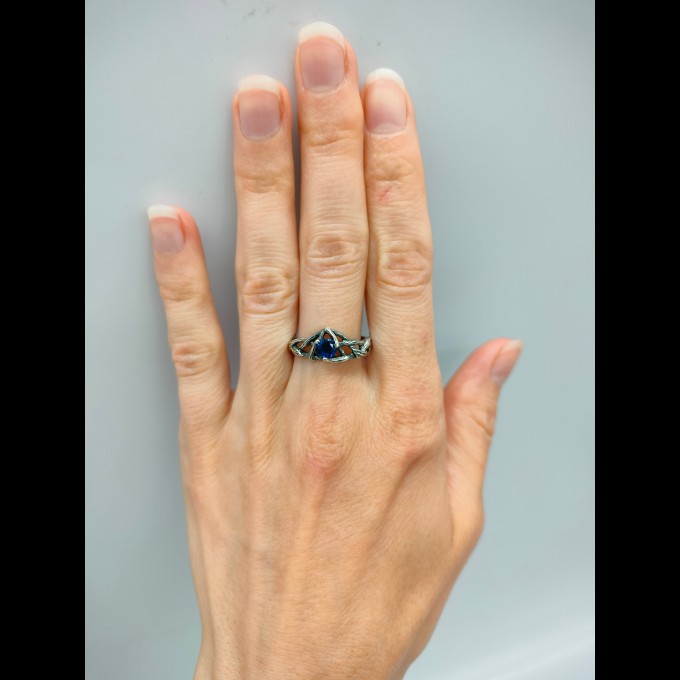Gothic Silver Ring with Sapphire and Twisting Vines