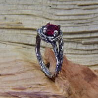 Celtic Branch Vintage Engagement Ring with Ruby, Unique Estate Wedding Band for Woman, Silver Tree Branch Ring with Forest Theme