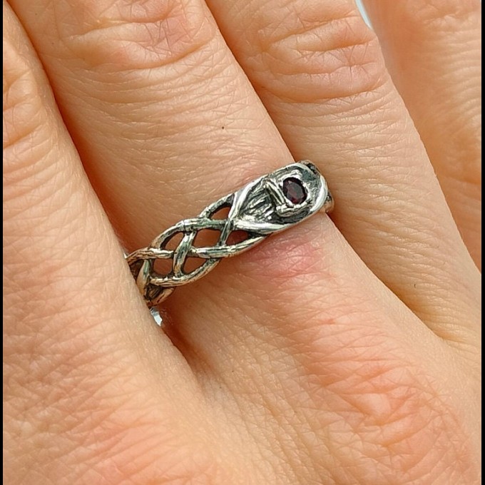 Gothic Silver Ring Embellished with Blood Red Garne