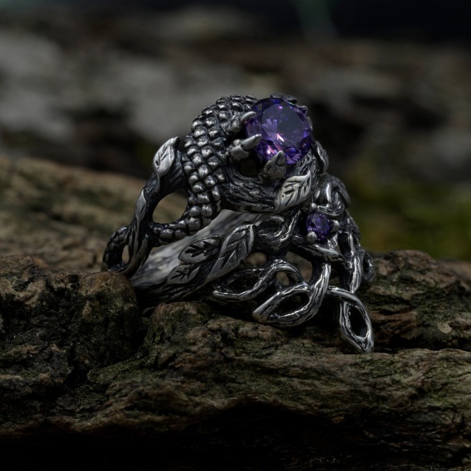Gothic Dragon Ring with Radiant Amethyst Gemstone