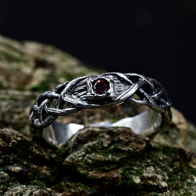Gothic Silver Ring Embellished with Blood Red Garne