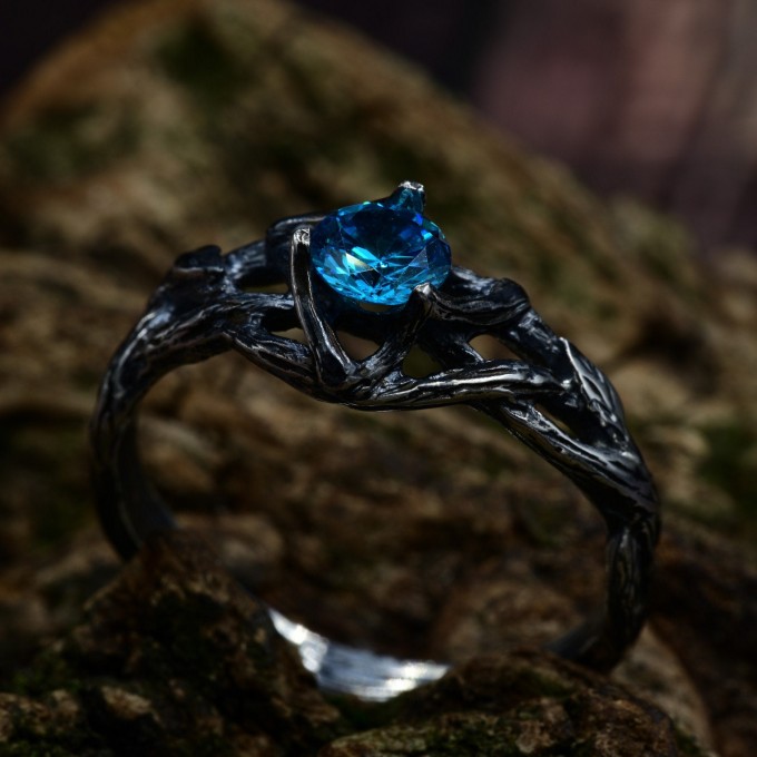 Gothic Silver Ring with Aquamarine and Nature Motif