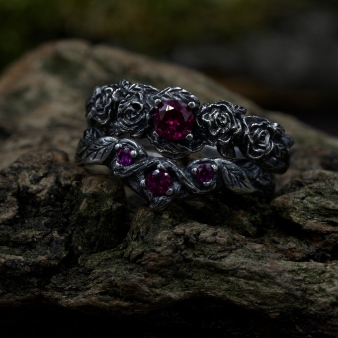 Gothic Silver Ring with Clustered Ruby Accents