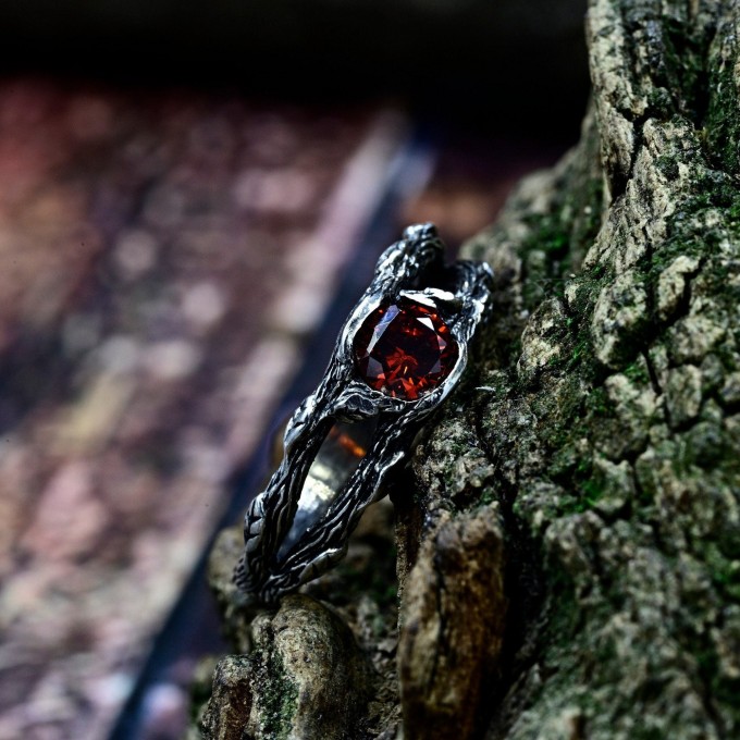 Fiery Gothic Ring with Garnet and Dark Claw Setting
