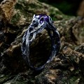 Handcrafted Silver Ring with Twisted Branch Motif and Amethyst | Fantasy Forest Witchy Wedding Band, Estate Jewelry for Women