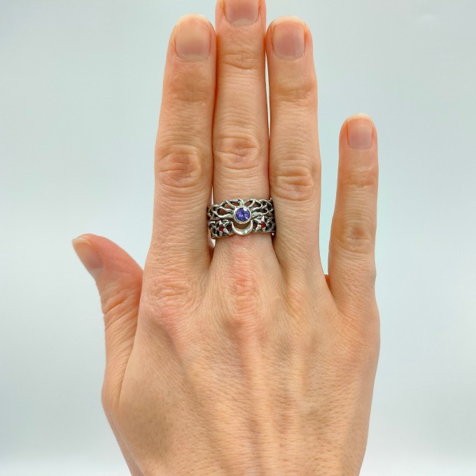 Celestial Amethyst Silver Ring with Garnet Accents