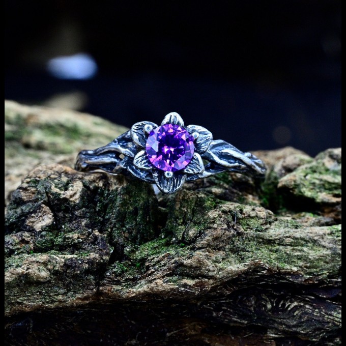 Gothic Amethyst Ring with Intricate Floral Design