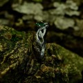 Elegant Silver Ring with Twisting Vines and Emerald Gemstone