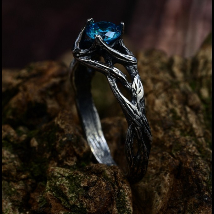 Gothic Silver Ring with Aquamarine and Nature Motif