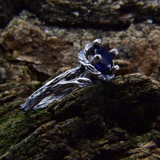 Celestial Grace: Gothic Sterling Silver Ring with Deep Blue Sapphire