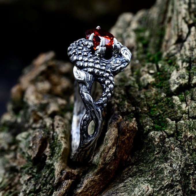 Gothic Dragon Ring with Garnet Gemstone