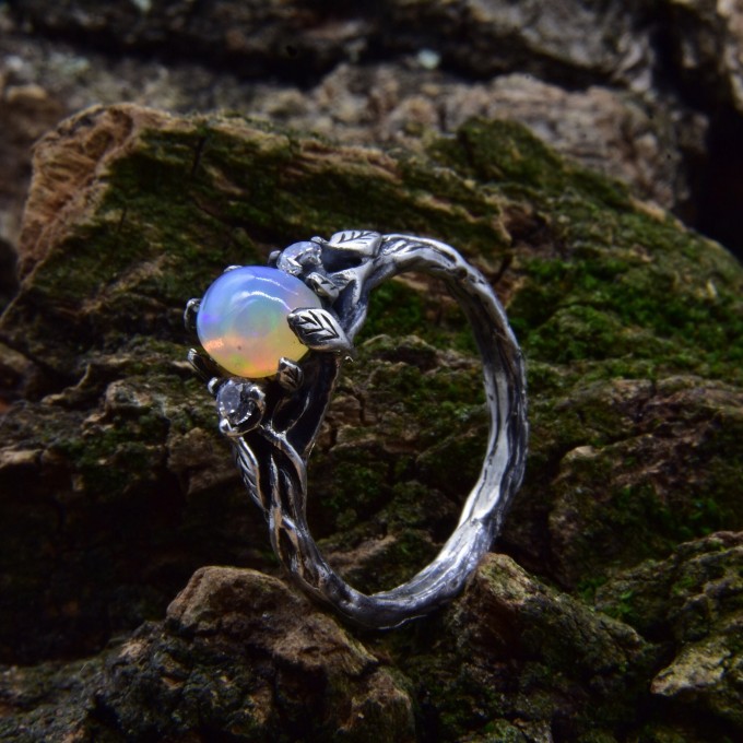 Gothic Opal Ring with Mystical Nature Motifs