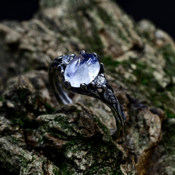 Gothic Silver Ring with Mystical Moonstone